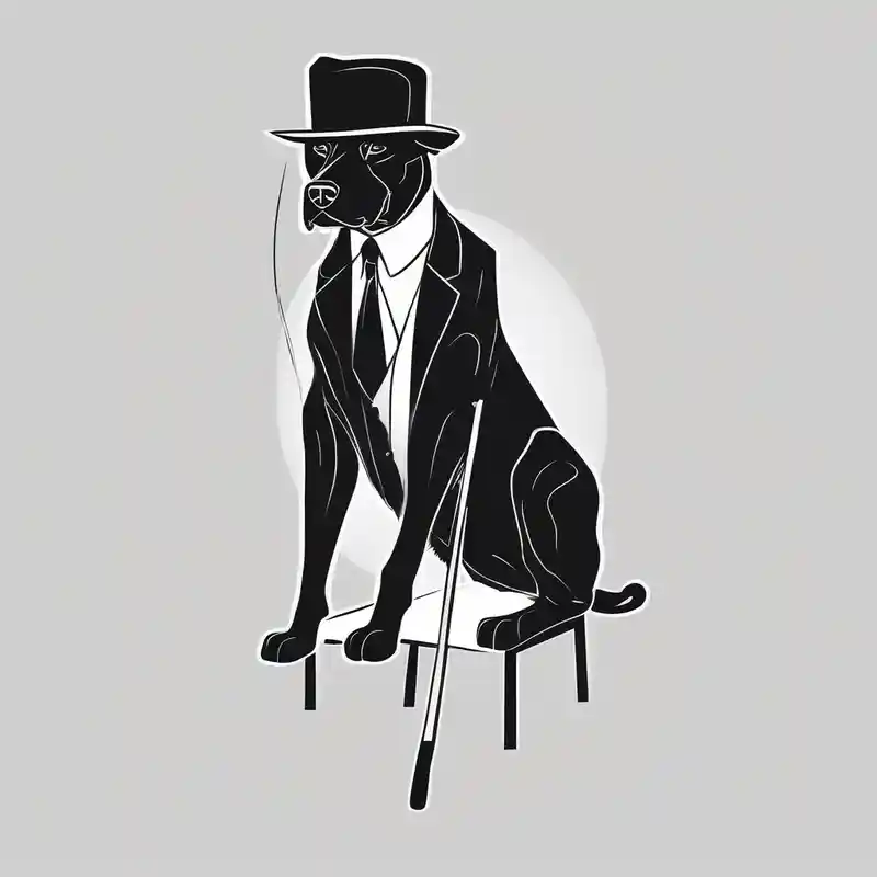 Black dog in a suit is sitting on a chair in a hat with a cane