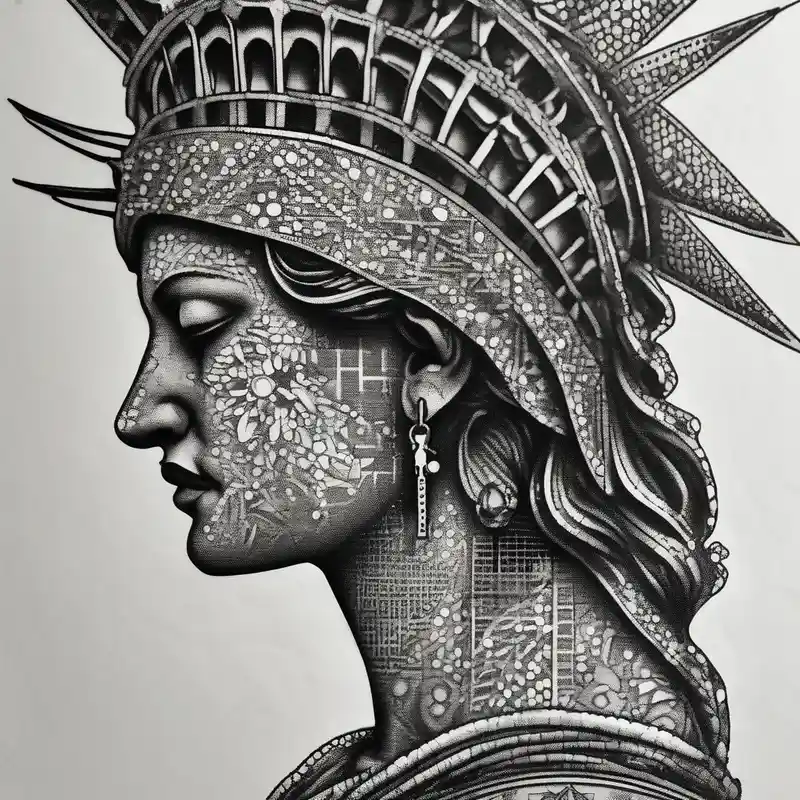 dotwork style Idées de tatouages sur la cuisse en 2025 about Statue of Liberty handcuffed in a wheel chair and Statue of Liberty handcuffed in a wheel chair