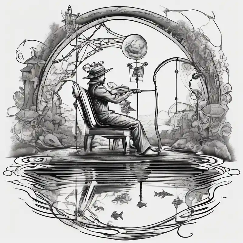 surreal style 2025年のフィッシングタトゥーアイデア about Man with halo  sitting in chair fishing in a pond from a distance and Man with halo  sitting in chair fishing in a pond from a distance