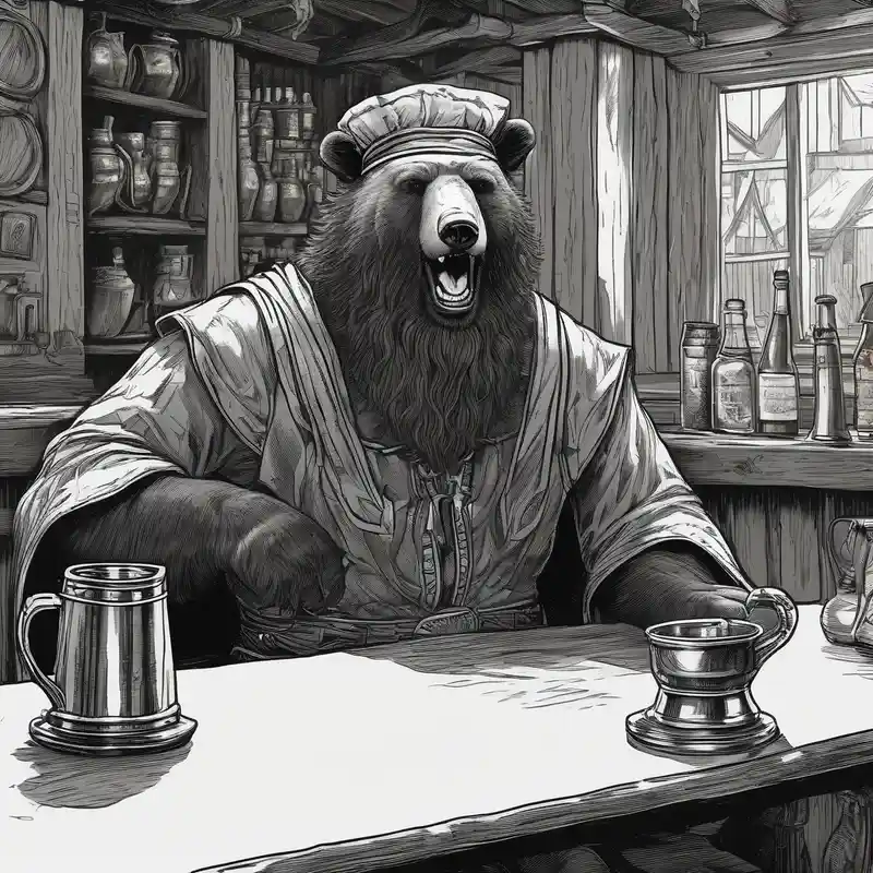 black and white style Idées de tatouages sur la cuisse en 2025 about a bear-human hybrid with a long beard wearing a tunic and Phrygian cap and drinking from a pewter mug in a tavern and sitting in a chair