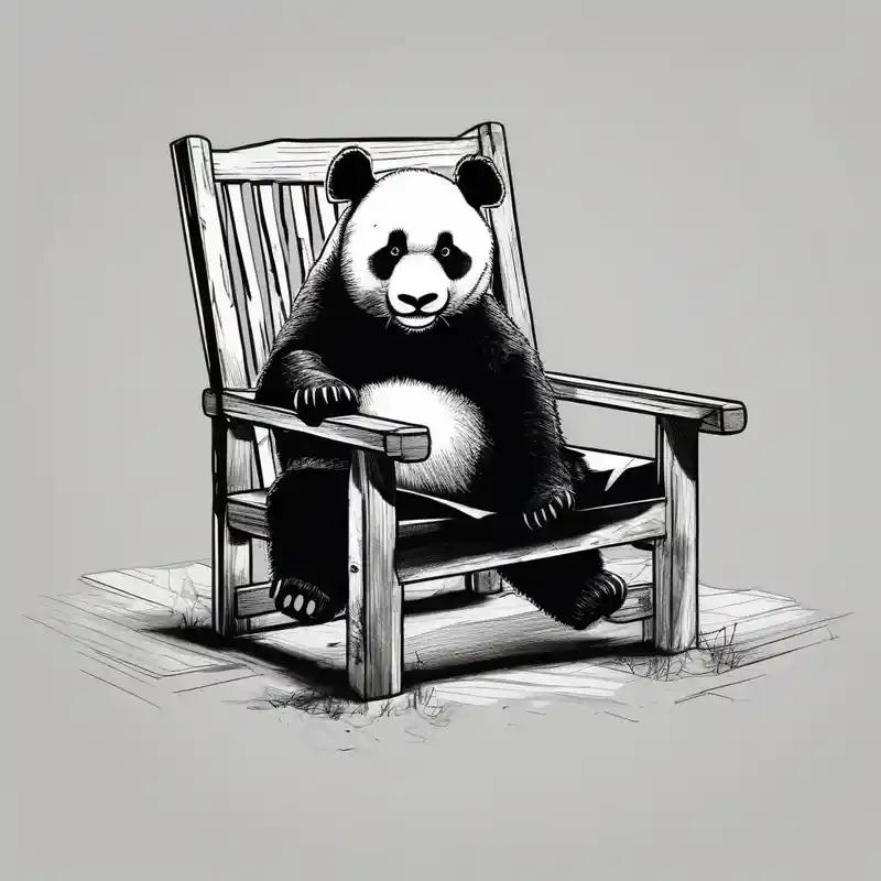 A panda hanging over a small wooden chair, while exhaling like its finally done with a big task