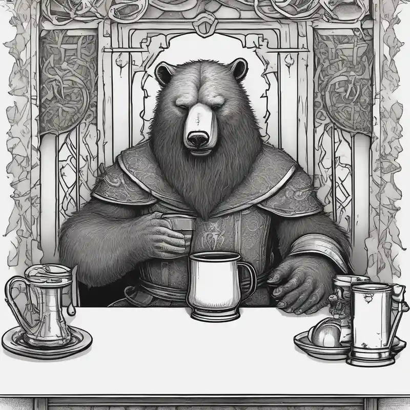 blackwork style Idées de tatouages sur la cuisse en 2025 about a medieval bear-human hybrid with a long beard wearing a tunic and coif and drinking from a pewter mug in a tavern and sitting in a chair