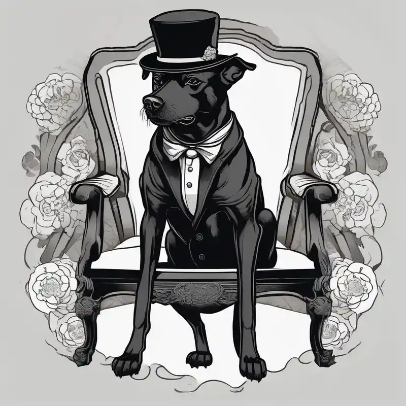 japanese style Chair Tattoo Ideas in 2025 about Black dog in a suit is sitting on a chair in a hat and Black dog in a suit is sitting on a chair in a hat