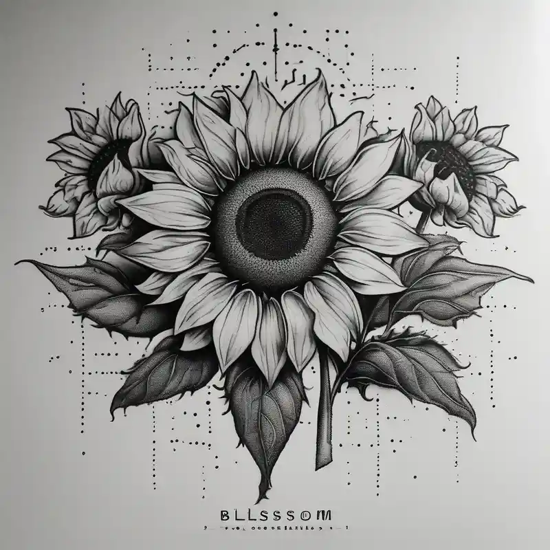 dotwork style Cherry Blossom Tattoo Ideas in 2025 about Sunflowers with “Blossom” written through it cherry-blossom and Sunflowers with “Blossom” written through it cherry-blossom