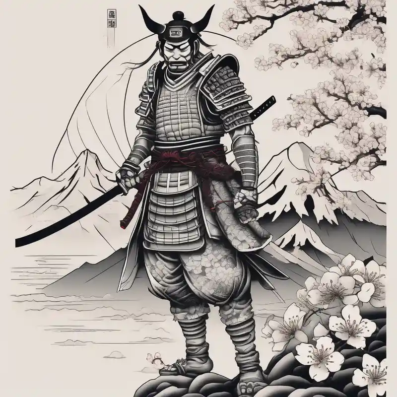 dotwork style Japanese Snake Tattoo Ideas in 2025 & free generation about arm sleeve tattoo stencil of a samurai standing at the bottom of a mountain with cherry blossoms in the background and and japanese structures