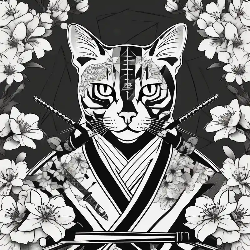 geometric style Cherry Blossom Tattoo Ideas in 2025 about A bengal cat with a missing left eye and dressed as a Japanese samurai with katana swords and surrounded by cherry blossoms cherry-blossom