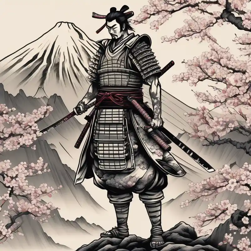 black and white style Ideas para Tatuajes de Serpientes Japonesas en 2025 & Generar gratis about samurai standing at the base of a mountain in japan with cherry blossoms and japanese structures in the background cherry-blossom and samurai standing at the base of a mountain in japan with cherry blossoms and japanese structures in the background cherry-blossom