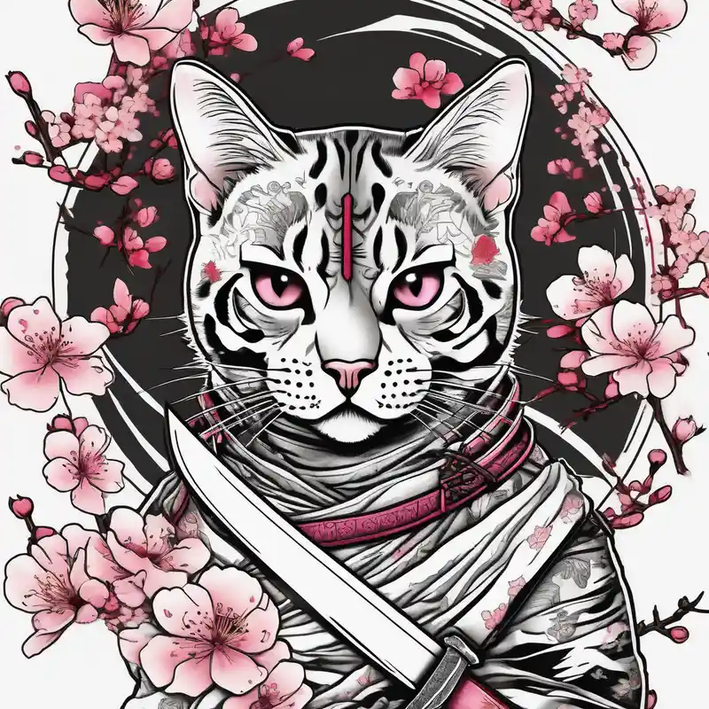 sketch style Cherry Blossom Tattoo Ideas in 2025 about A bengal cat with a missing left eye and dressed as a Japanese samurai with katana swords and surrounded by cherry blossoms cherry-blossom