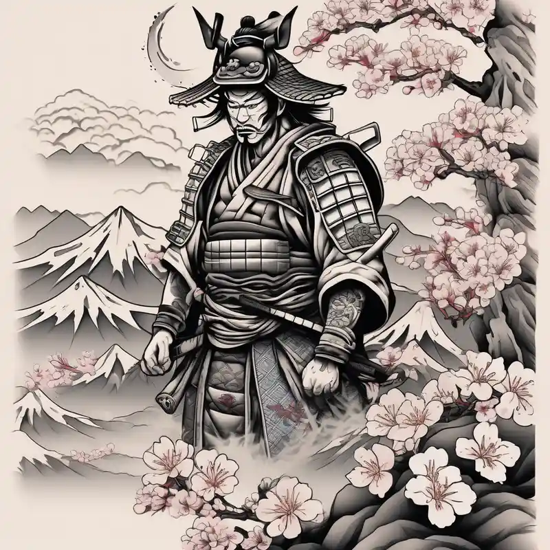 blackwork style Japanese Snake Tattoo Ideas in 2025 & free generation about arm sleeve tattoo stencil of a samurai standing at the bottom of a mountain with cherry blossoms in the background and and japanese structures