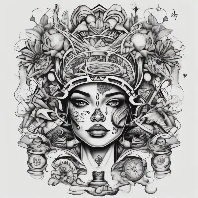 surreal style Tatouage avec des idées de tatouages pour femmes en 2025 about Chicano style sleeve about drugs family and women and Chicano style sleeve about drugs family and women