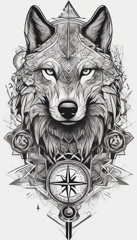 geometric style No Regerts Tattoo Ideas in 2025 about Zona tutto il braccio da spalla a polso and Parte superiore con una bussola parte in mezzo con un lupo e parte avambraccio con scritta in stile chicano