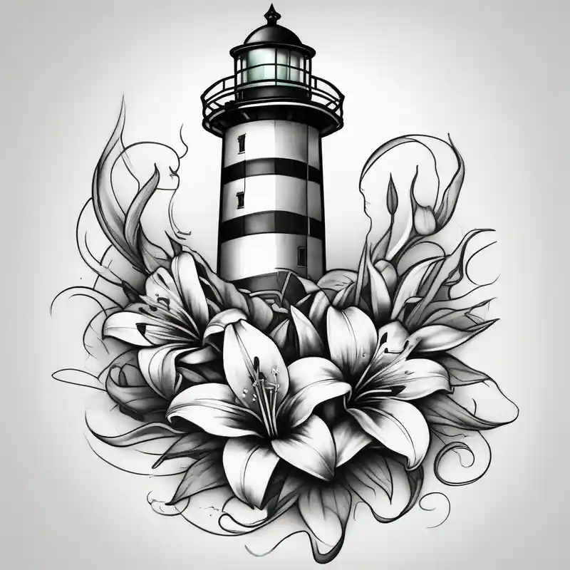 realistic style Christian Tattoos for Men in 2024 about A light house with a lily flower in the bottom and christian imagery would be nice and the flowers should be a bit subtle as it is for a man christian-for-men and A light house with a lily flower in the bottom and christian imagery would be nice and the flowers should be a bit subtle as it is for a man christian-for-men