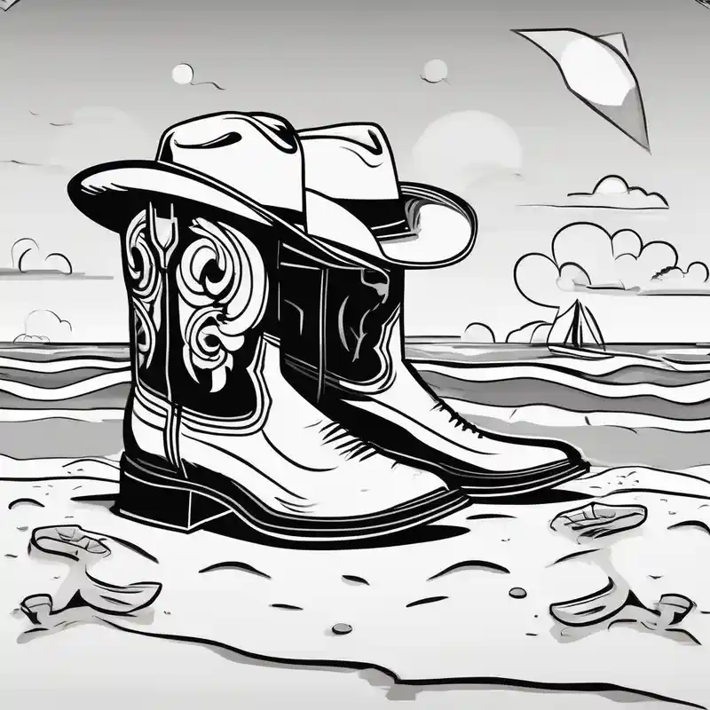 cartoon style Christian Tattoos for Men in 2025 & free generation about A pair of mens boots and a pair of flip flops and a cowboyhat on the Beach. Keep it simple christian-for-men