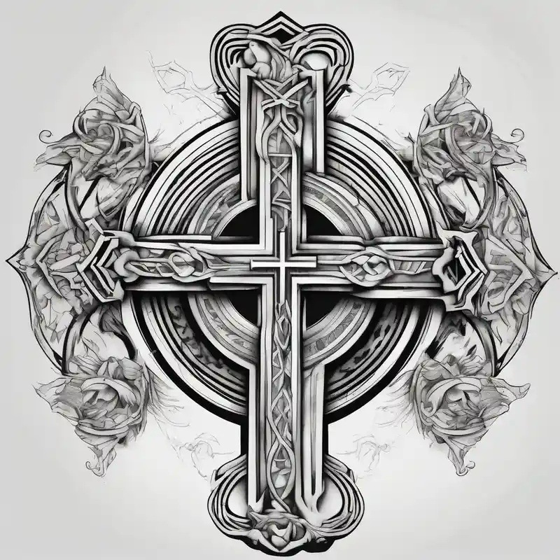 surreal style Christian Tattoos for Men in 2024 about four stoic virtues and christian cross christian-for-men and four stoic virtues and christian cross christian-for-men