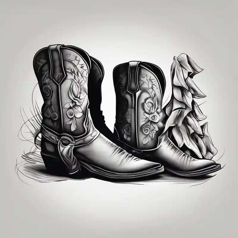 black and white style Men's Behind the Ear Tattoo Ideas and Designs about A pair of mens boots and a pair of womens sandals and a cowboyhat on the Beach. Keep it simple christian-for-men