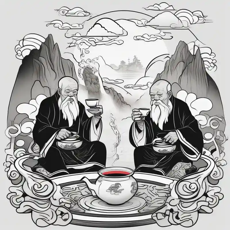 cartoon style Christian Tattoos for Men in 2024 about forearm sleeve traditional chinese art painting style Chinese temple two old men wearing robes and drinking tea mountains mist fog waterfall christian-for-men and forearm sleeve traditional chinese art painting style Chinese temple two old men wearing robes and drinking tea mountains mist fog waterfall christian-for-men