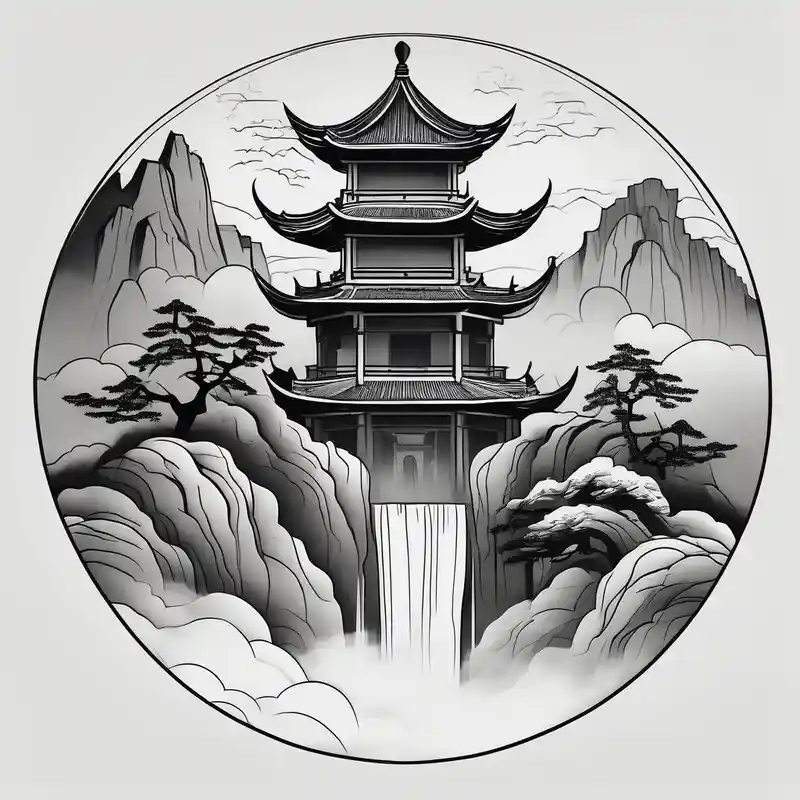 minimalist style Christian Tattoos for Men in 2024 about forearm sleeve traditional chinese art painting style Chinese temple two old men wearing robes and drinking tea mountains mist fog waterfall christian-for-men and forearm sleeve traditional chinese art painting style Chinese temple two old men wearing robes and drinking tea mountains mist fog waterfall christian-for-men