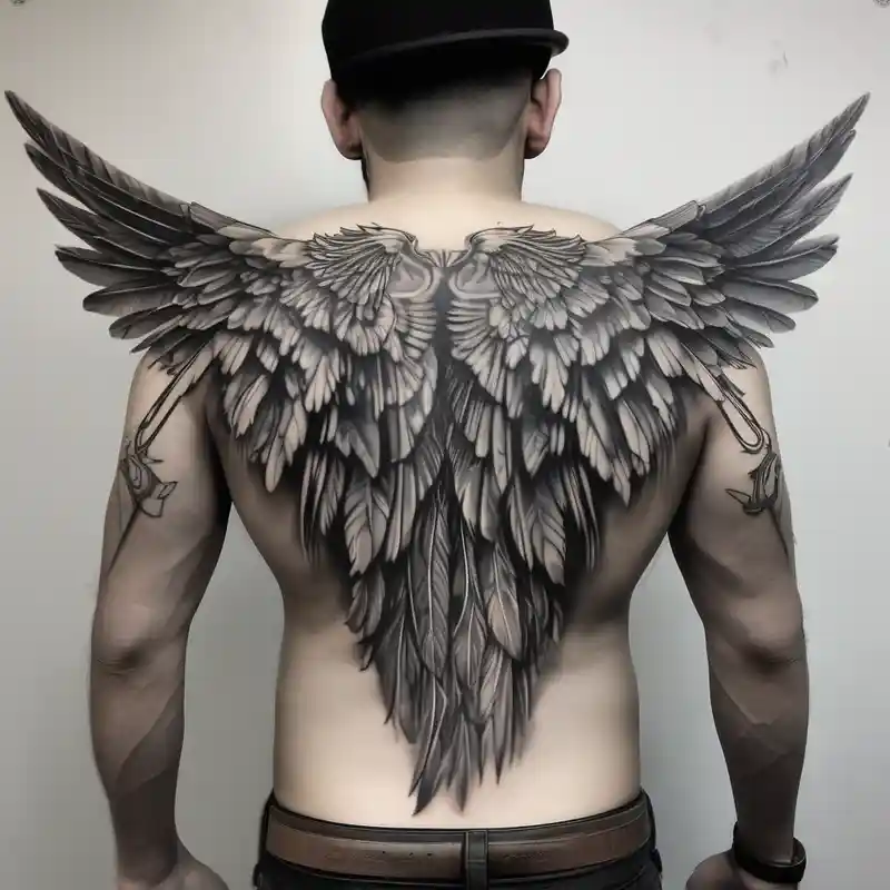 realistic style Men's Behind the Ear Tattoo Ideas and Designs about wings tattoo extending from a mens shoulders and covering the upper arms and upper back. The feathers are intricately detailed