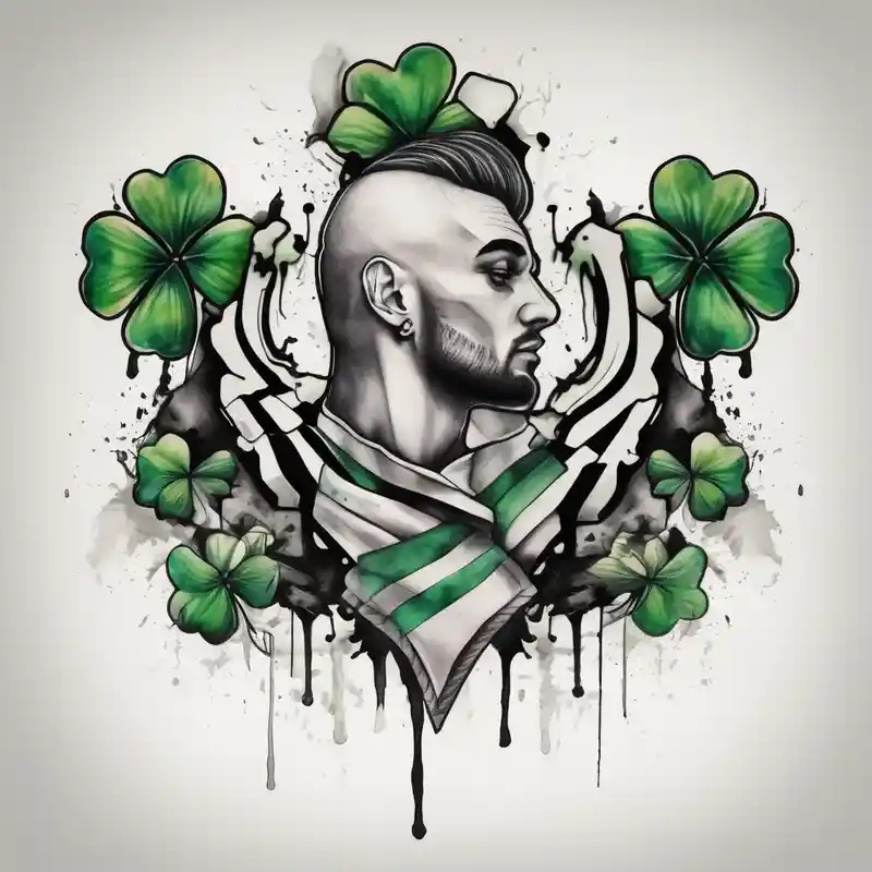 watercolor style Men's Behind the Ear Tattoo Ideas and Designs about mens chest tattoo with 4 leaf clovers on the collar bone and stripes on the shoulders and two faces on in the middle with shading christian-for-men