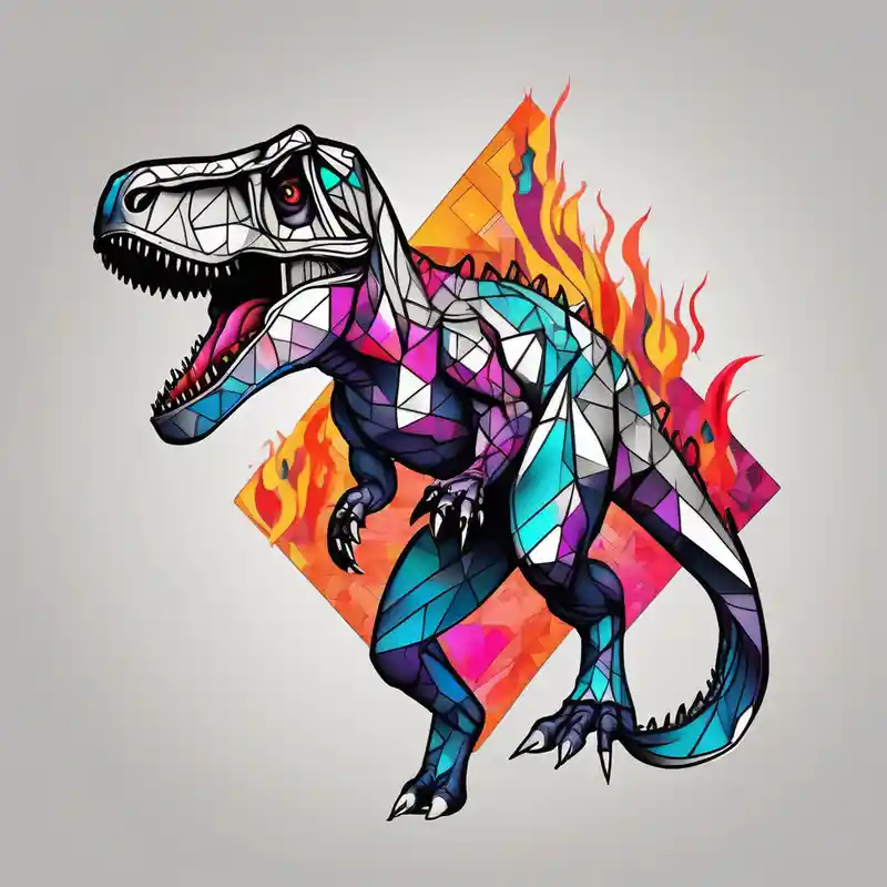 geometric style Idées de tatouages Chrome en 2025 about Chrome T-Rex holding a fire sword and Chrome T-Rex holding a fire sword