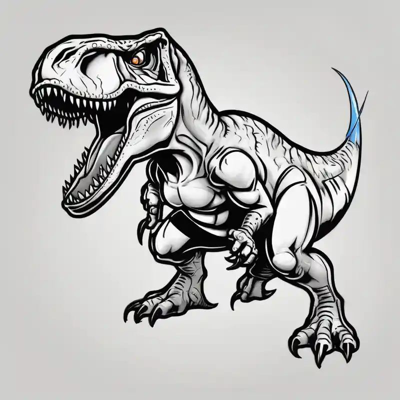 cartoon style Idées de tatouages Chrome en 2025 about Chrome T-Rex with a blue tongue and holding a fire sword