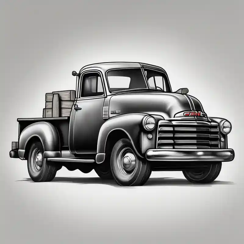 realistic style Ideas de tatuajes de cromo en 2025 about rustic 1953 fifth window GMC farm truck with chrome wheels with a red barn in background and rustic 1953 fifth window GMC farm truck with chrome wheels with a red barn in background