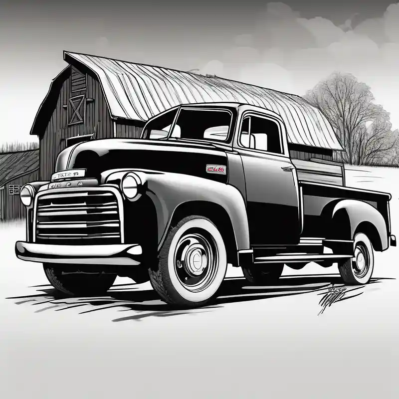 black and white style Idées de tatouages Chrome en 2025 about rustic 1953 fifth window GMC farm truck with chrome wheels with a red barn in background and rustic 1953 fifth window GMC farm truck with chrome wheels with a red barn in background