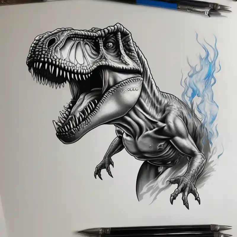 realistic style Idées de tatouages Chrome en 2025 about Chrome T-Rex with a blue tongue and holding a fire sword