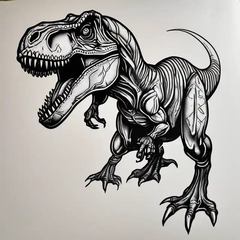 blackwork style Chrome Tattoo Ideas in 2025 about Chrome T-Rex holding a fire sword and Chrome T-Rex holding a fire sword