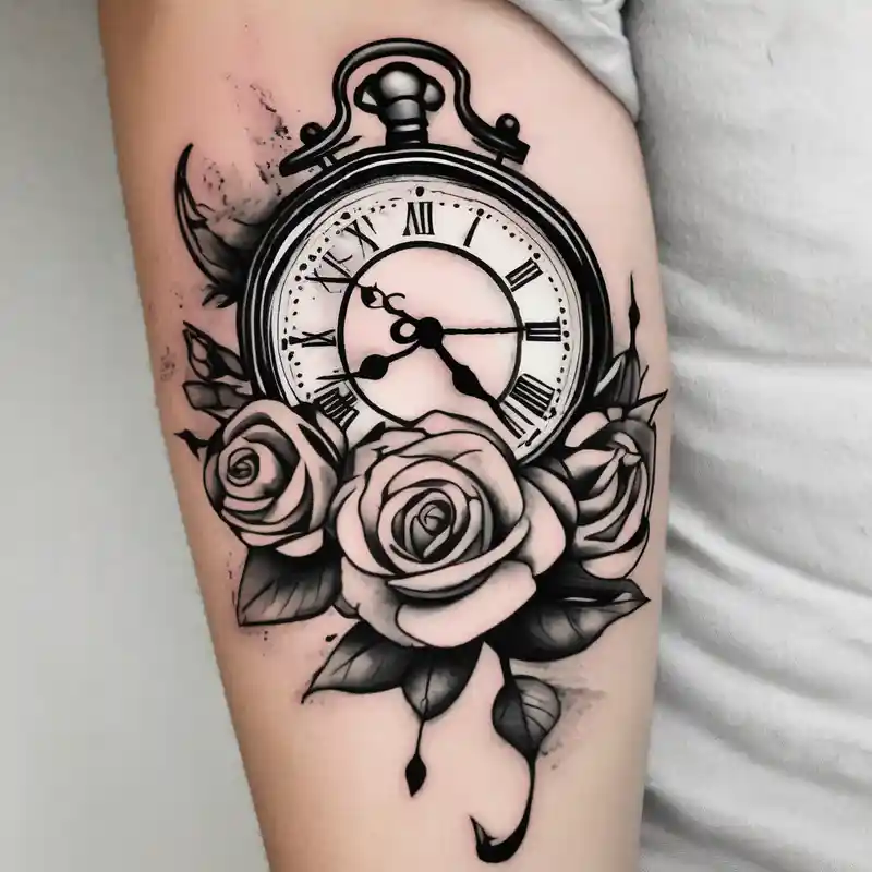 watercolor style Ideas de tatuajes en el bíceps para hombres en 2025 about Clock with roses on shoulder/bicep going into roses with the word amor on forearm and Clock with roses on shoulder/bicep going into roses with the word amor on forearm