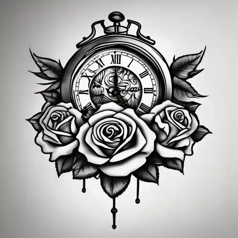 sketch style Ideas de tatuajes en el bíceps para hombres en 2025 about Clock with roses on shoulder/bicep going into roses with the word amor on forearm and Clock with roses on shoulder/bicep going into roses with the word amor on forearm