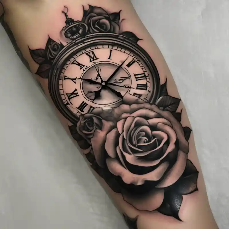 realistic style 2025年の男性向けバイセプスタトゥーアイデア about Clock with roses on shoulder/bicep going into roses with the word amor on forearm and Clock with roses on shoulder/bicep going into roses with the word amor on forearm