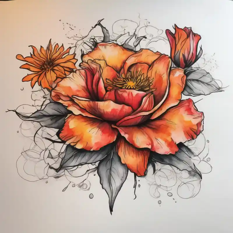 a colorful, vibrant, watercolor tattoo with one red rose, one orange lily, one gold marigold, and one orange cosmos flower and with splashes of color