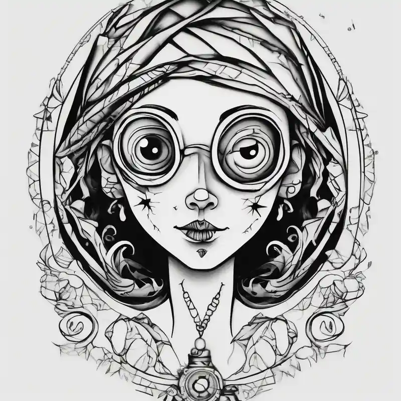 black and white style tattooDescriptions.coraline-tattoo.title about Coraline dool cartoon and Coraline dool cartoon