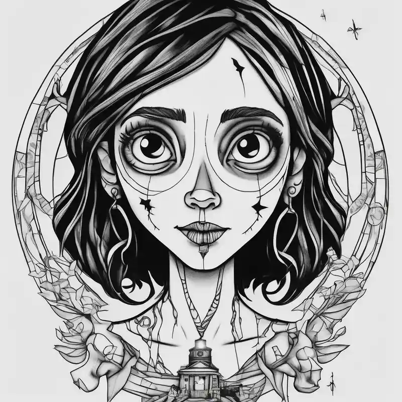 black and white style tattooDescriptions.coraline-tattoo.title about Coraline and Coraline