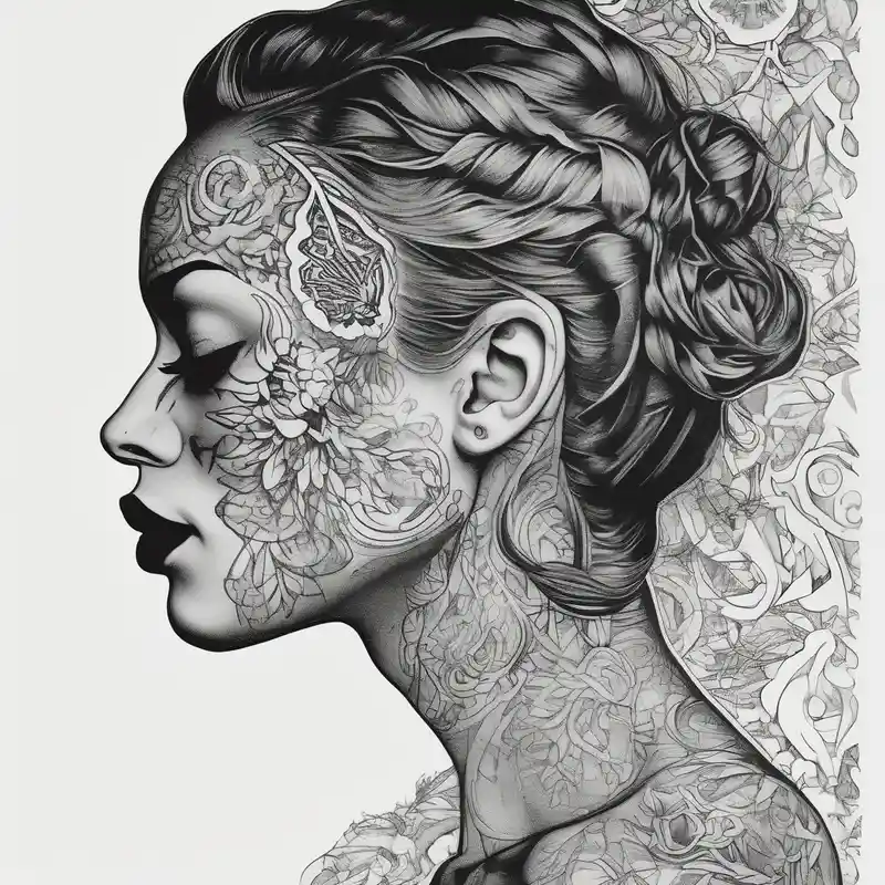 blackwork style White Ink Tattoo Ideas in 2025 about Black and white profile of woman with chin pressed on hand and lace covering  her eyes