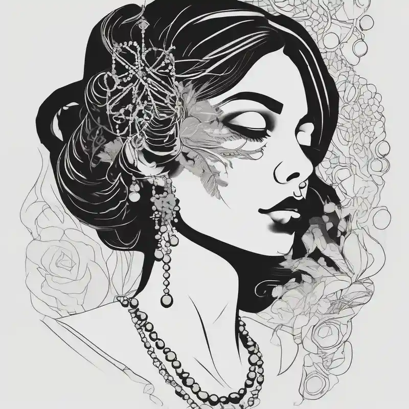 minimalist style King and Queen Tattoo Ideas in 2025 about Black and white profile of woman with chin pressed on hand and lace covering  her eyes while sucking 
 on pearl necklace cover-up