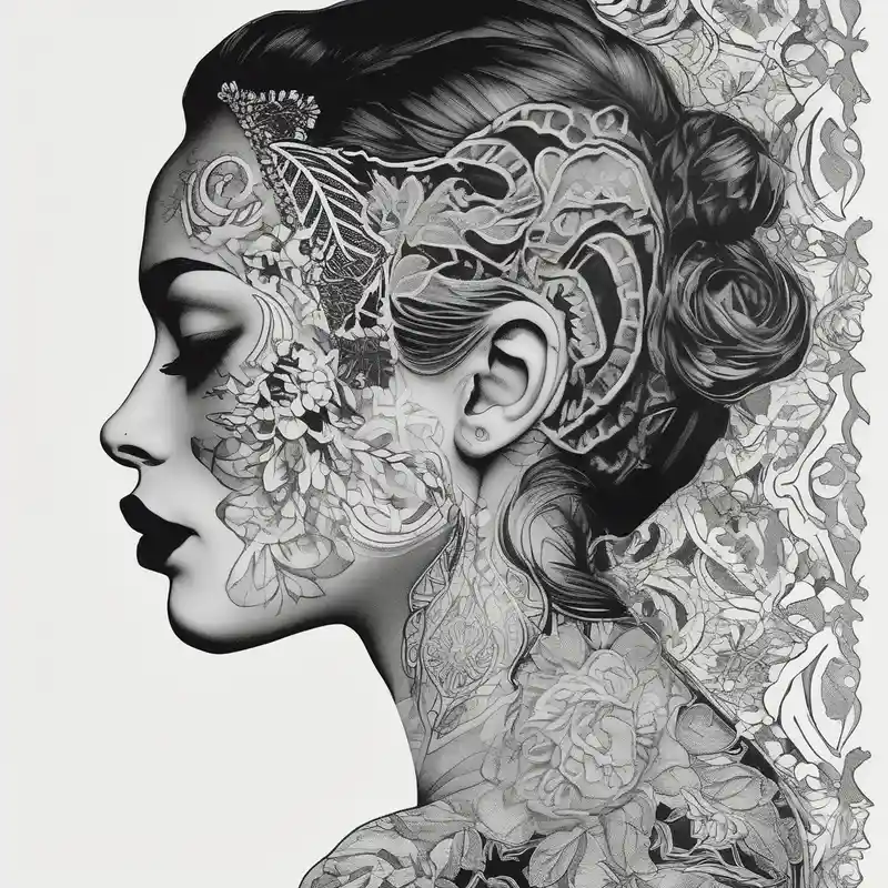 black and white style Ideas de tatuajes con tinta negra en 2025 about Black and white profile of woman with chin pressed on hand and lace covering  her eyes