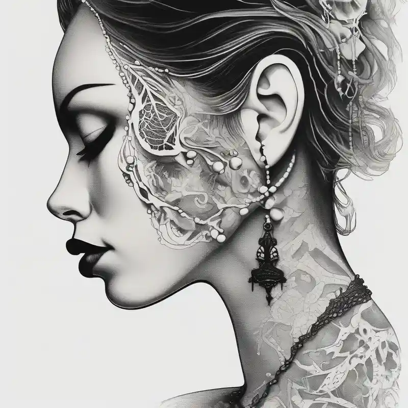 surreal style Ideas de tatuajes con tinta negra en 2025 about Black and white profile of woman with chin pressed on hand and lace covering  her eyes while biting on pearl necklace cover-up