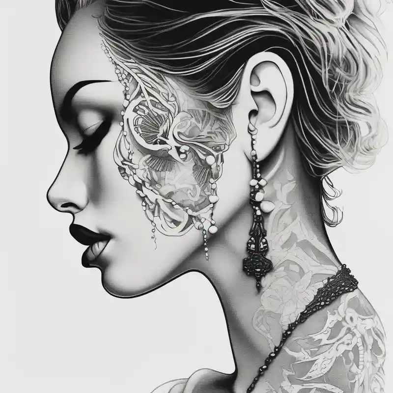 minimalist style Neck Tattoos Male Ideas in 2025 about Black and white profile of woman with chin pressed on hand and lace covering  her eyes while biting on pearl necklace cover-up