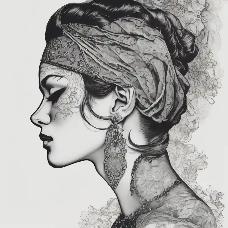 sketch style White ink tattoo Ideas in 2025 & free generation about Black and white profile of woman with chin pressed on hand and lace covering  her eyes while sucking 
 on pearl necklace cover-up