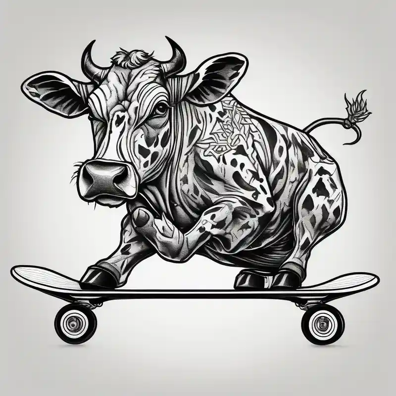 blackwork style Cow Tattoo Ideas in 2025 about Cow riding skateboard jumping and Cow riding skateboard jumping