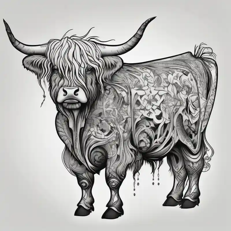 surreal style Idées de tatouages de vache en 2025 about highland cow smiling standing on hind legs and highland cow smiling standing on hind legs