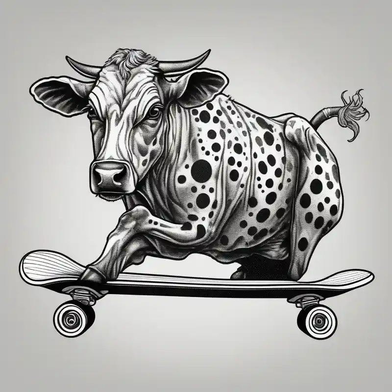 dotwork style 2025年の牛のタトゥーアイデア about Cow riding skateboard jumping and Cow riding skateboard jumping