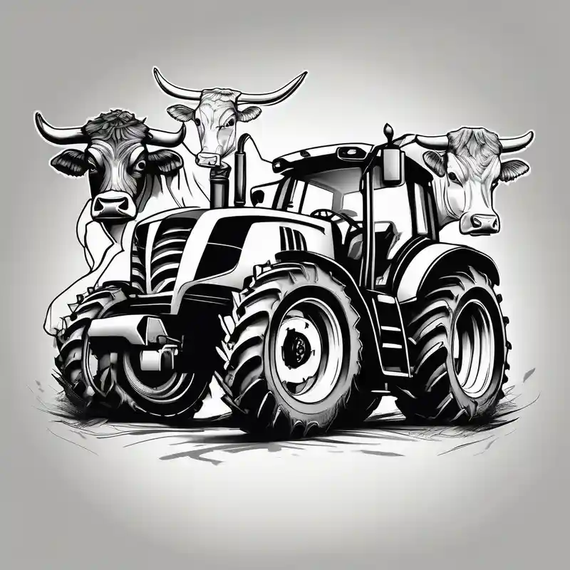 black and white style 2025年の牛のタトゥーアイデア about Cows and tractors