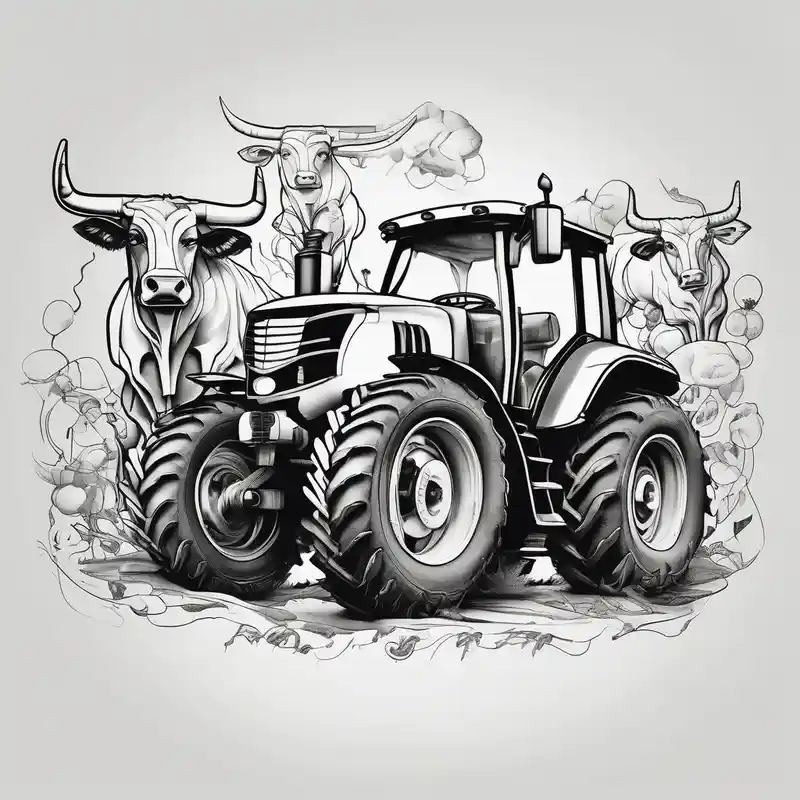 surreal style 2025年の牛のタトゥーアイデア about Cows and tractors