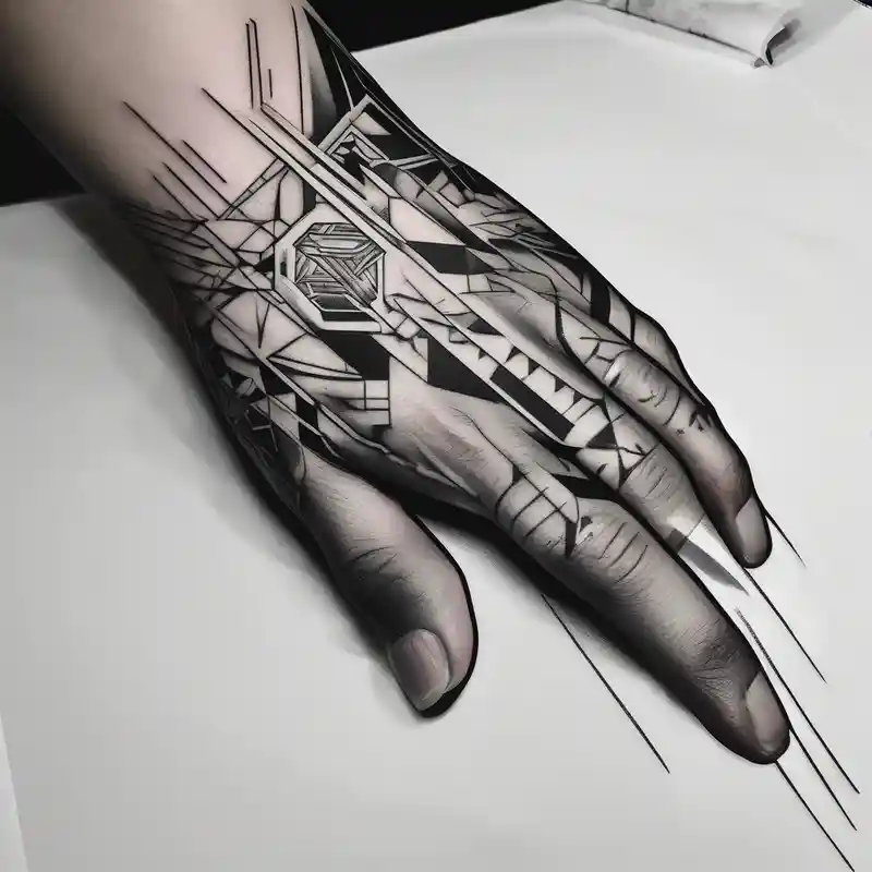 black and white style 2025年の幾何学的なメープルリーフのタトゥーのアイデア about cyberpunk 2077 and hand tattoo