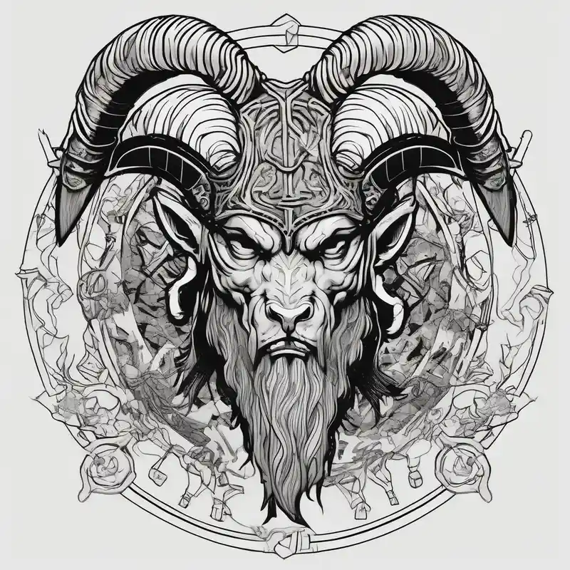 sketch style Cyberpunk Tattoo Ideas in 2025 about Angelic cyberpunk viking and casting demons back to hell with mythical aries ram familiar