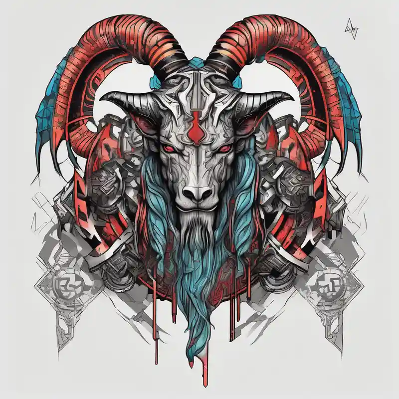 geometric style Cyberpunk Tattoo Ideas in 2025 about Angelic cyberpunk viking and casting demons back to hell with mythical aries ram familiar