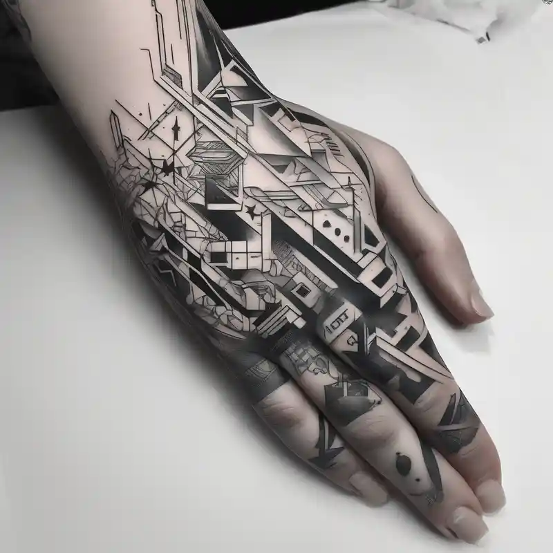 surreal style Idées de tatouages de feuille d'érable géométriques en 2025 &Générer gratuitement about cyberpunk 2077 and hand tattoo